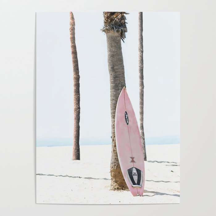 California Beach Pink Surfboard Poster
