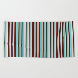 [ Thumbnail: Turquoise, Dark Red, and Light Grey Colored Pattern of Stripes Beach Towel ]