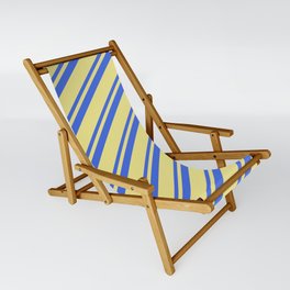 [ Thumbnail: Royal Blue & Tan Colored Stripes Pattern Sling Chair ]