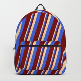 [ Thumbnail: Tan, Royal Blue, and Maroon Colored Lines Pattern Backpack ]