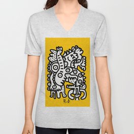 Black and White Cool Monsters Graffiti on Yellow Background V Neck T Shirt