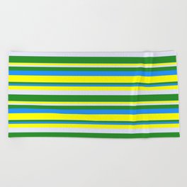 [ Thumbnail: Lavender, Forest Green, Blue & Yellow Colored Striped Pattern Beach Towel ]
