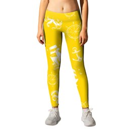 Yellow And White Silhouettes Of Vintage Nautical Pattern Leggings