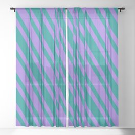 [ Thumbnail: Dark Cyan & Purple Colored Lined/Striped Pattern Sheer Curtain ]