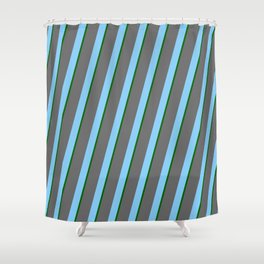 [ Thumbnail: Dim Gray, Light Sky Blue, and Dark Green Colored Pattern of Stripes Shower Curtain ]