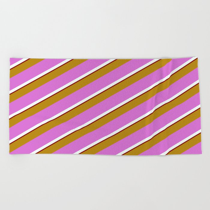 Dark Goldenrod, Orchid, Mint Cream & Maroon Colored Lines Pattern Beach Towel