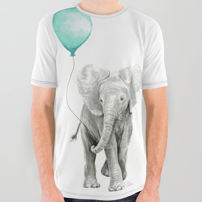 Baby Elephant with Aqua Balloon All Over Graphic Tee