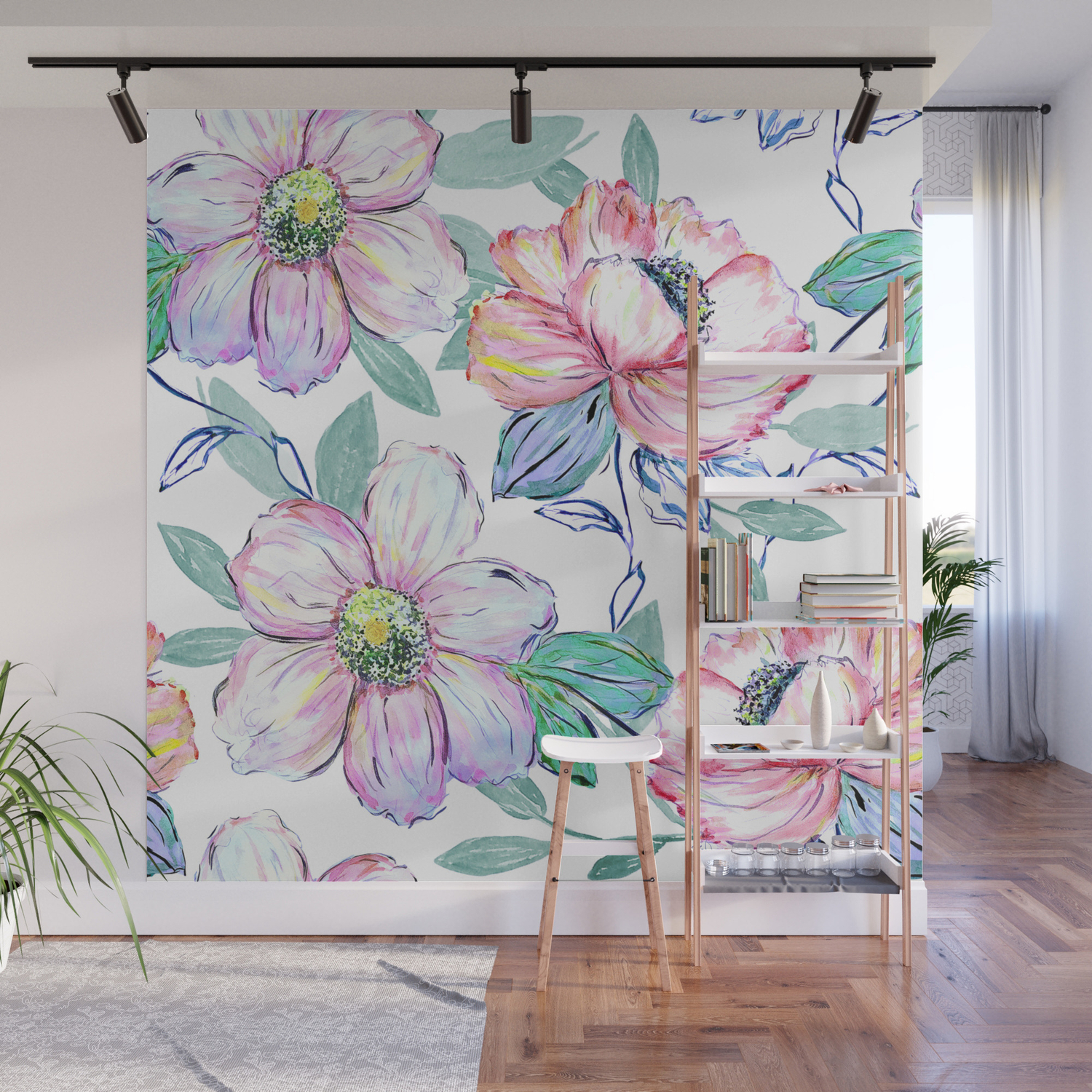 Romantic watercolor flowers hand paint design Wall Mural