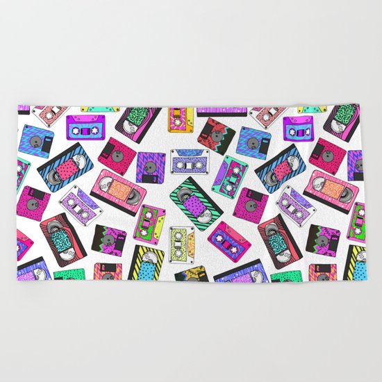 Retro 80's 90's Neon Patterned Cassette Tapes Beach Towel
