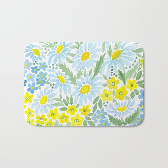 Watercolor . Chamomile field. 1 Bath Mat