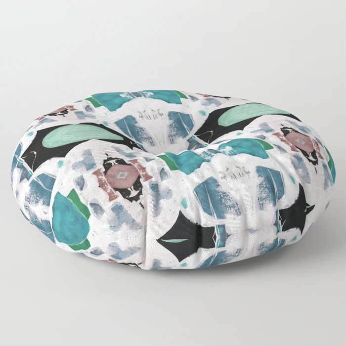 Teal Blue White On Black Abstract Floor Pillow