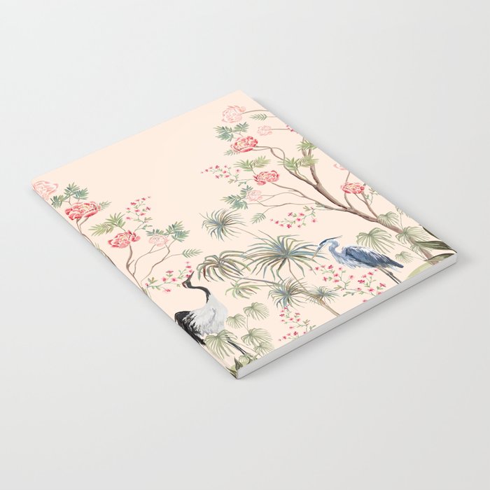 Beautiful exotic chinoiserie wallpaper. Hand drawn vintage chinese rose trees, palms, sakura flowers, peonies, crane bird, heron, pheasant. Floral seamless border pink background.  Notebook