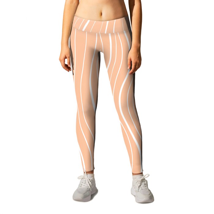 White Wave Lines on Light Salmon Background Leggings