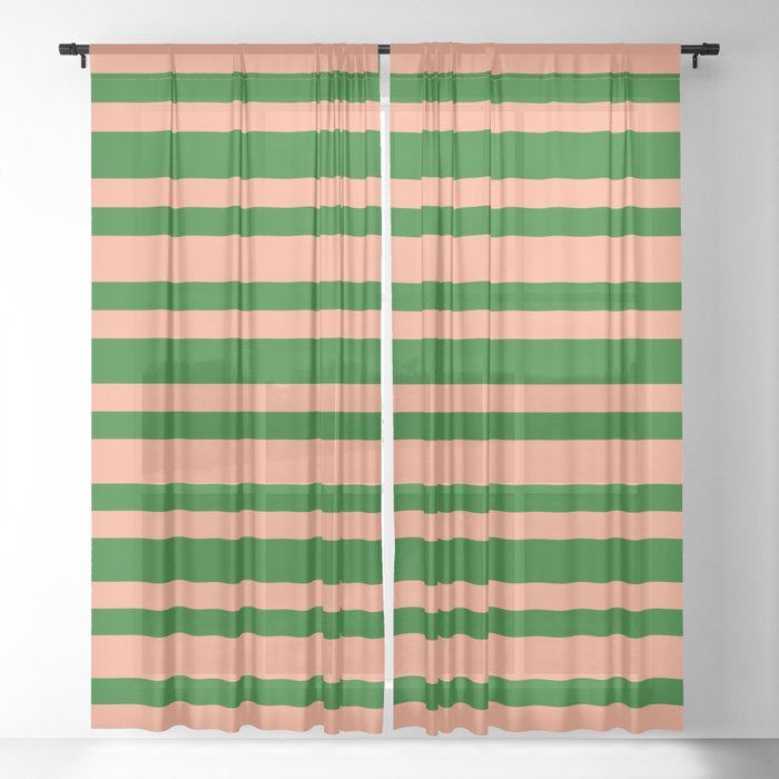Dark Green & Light Salmon Colored Striped/Lined Pattern Sheer Curtain