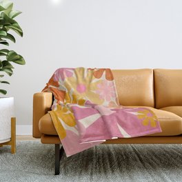 Retro 60s 70s Flowers Thulian Pink Orange Cream Pattern Throw Blanket