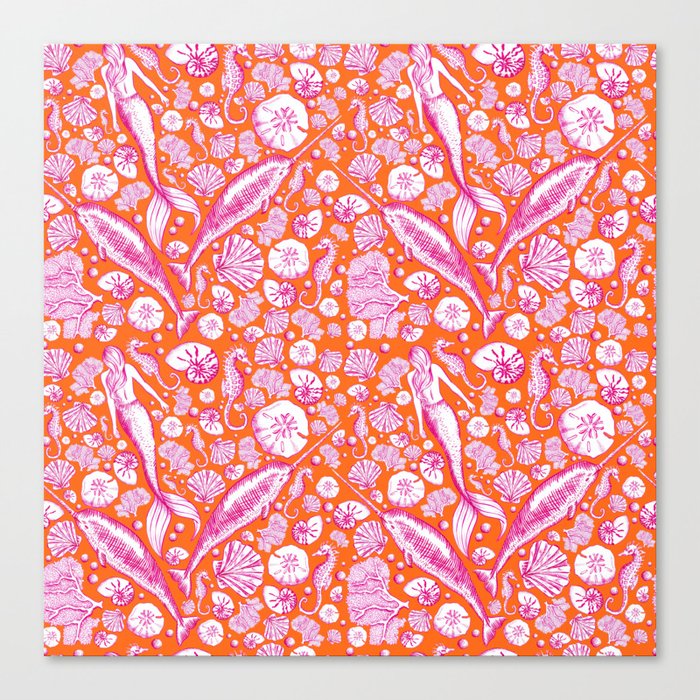 Mermaid Toile Pattern - Pink and orange Canvas Print