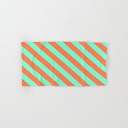 [ Thumbnail: Aquamarine & Coral Colored Lined/Striped Pattern Hand & Bath Towel ]