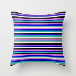 [ Thumbnail: Vibrant Orchid, Blue, Light Sea Green, Beige, and Black Colored Lines Pattern Throw Pillow ]