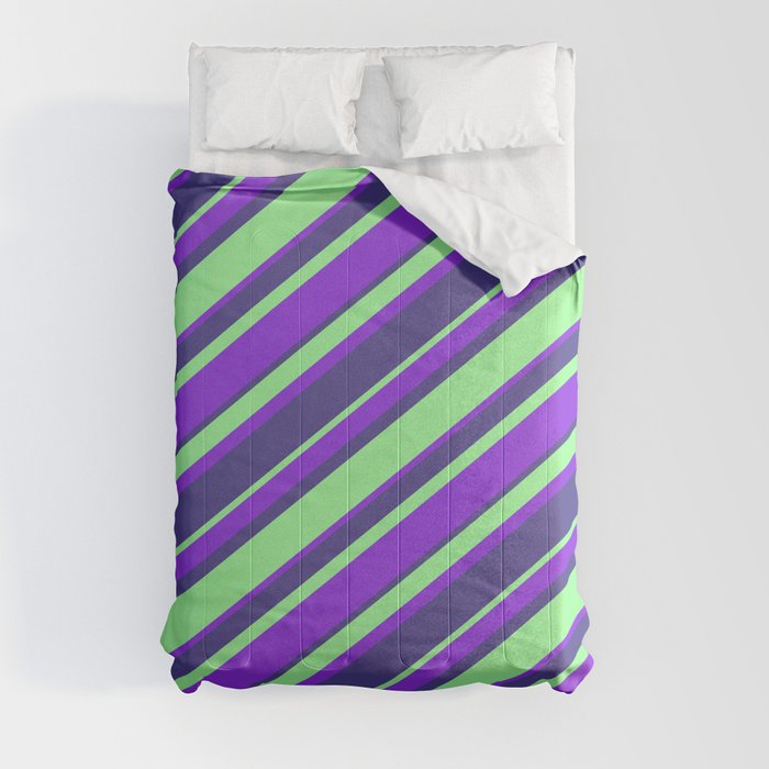 Purple, Dark Slate Blue & Green Colored Striped/Lined Pattern Comforter