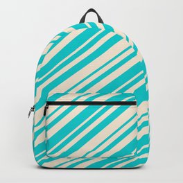[ Thumbnail: Dark Turquoise and Beige Colored Stripes Pattern Backpack ]