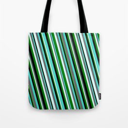 [ Thumbnail: Eyecatching Turquoise, Dim Grey, Light Cyan, Green & Black Colored Striped Pattern Tote Bag ]