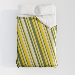 [ Thumbnail: Yellow, Dark Olive Green & Beige Colored Striped Pattern Duvet Cover ]