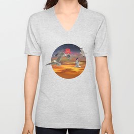 Circular Photo with Flying Gulls and Sunset V Neck T Shirt