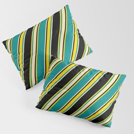 [ Thumbnail: Dark Cyan, Beige, Black, and Yellow Colored Lines/Stripes Pattern Pillow Sham ]