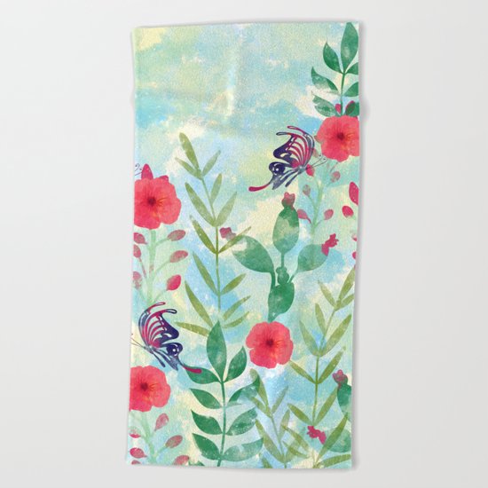 Watercolor floral garden Beach Towel