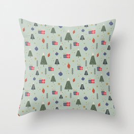 Christmas Conversational Pattern with Trees gifts baubles and stars Throw Pillow