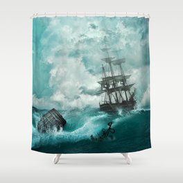 Storm Sea Ship Shipwreck Ocean Blue Shower Curtain