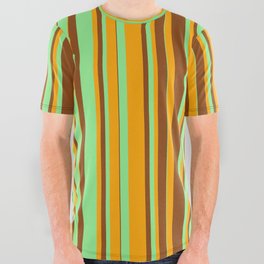[ Thumbnail: Brown, Light Green, and Orange Colored Striped Pattern All Over Graphic Tee ]