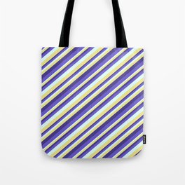 [ Thumbnail: Dark Slate Blue, Slate Blue, Light Cyan, and Tan Colored Striped/Lined Pattern Tote Bag ]