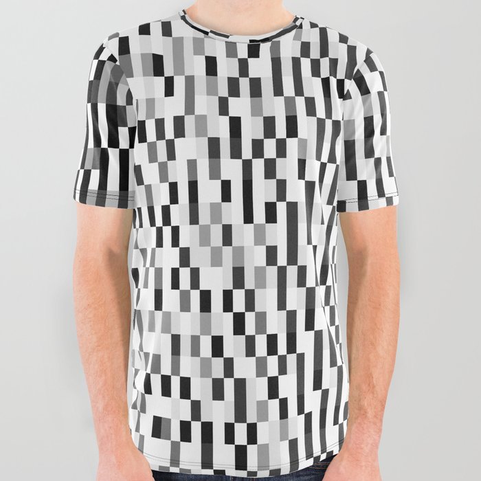 Black and White Retro Pixel Rain Gradient Pattern All Over Graphic Tee