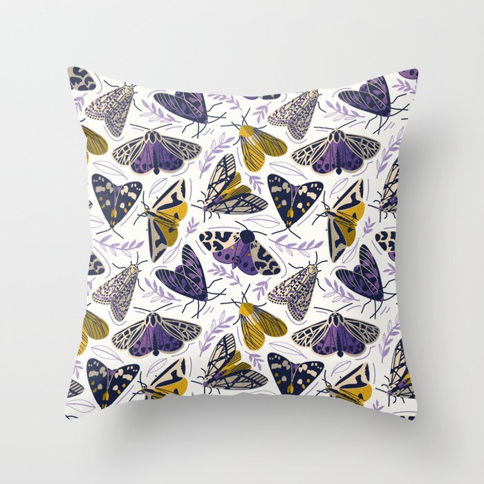 Quirky beautiful moths // natural white background oxford navy blue ivory yellow and orchid and grape purple tiger moth insects Throw Pillow