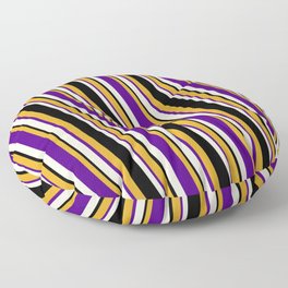 [ Thumbnail: Goldenrod, Indigo, Beige & Black Colored Pattern of Stripes Floor Pillow ]