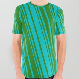 [ Thumbnail: Forest Green & Dark Turquoise Colored Striped Pattern All Over Graphic Tee ]