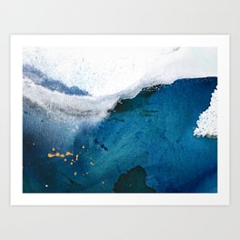In the Surf: a vibrant minimal abstract painting in blues and gold Art Print