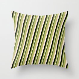 [ Thumbnail: Green, Dark Khaki, Beige & Black Colored Stripes/Lines Pattern Throw Pillow ]