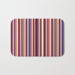 [ Thumbnail: Eyecatching Grey, Dark Slate Blue, Maroon, Beige, and Light Coral Colored Striped Pattern Bath Mat ]