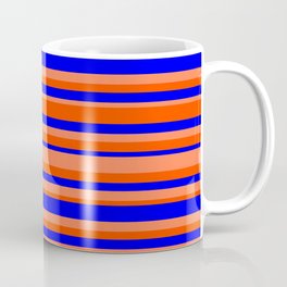 [ Thumbnail: Blue, Coral & Red Colored Striped Pattern Coffee Mug ]