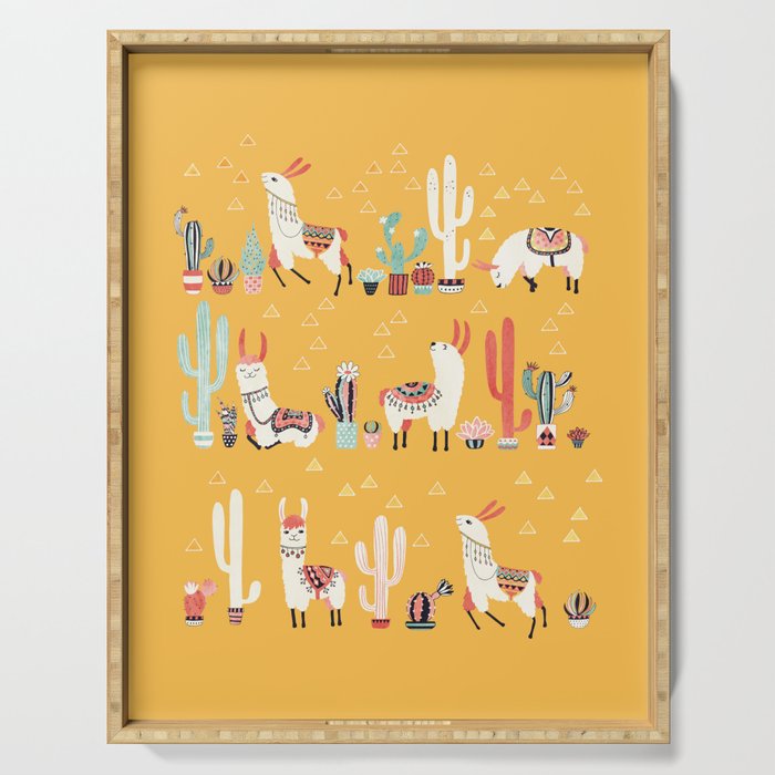 Happy llama with cactus in a pot Serving Tray