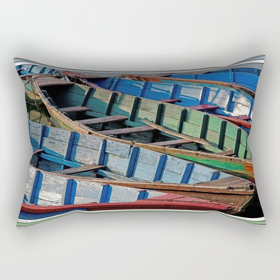 COLORFUL CANOES ALONG PHEWA LAKE SHORELINE POKHARA NEPAL Rectangular Pillow