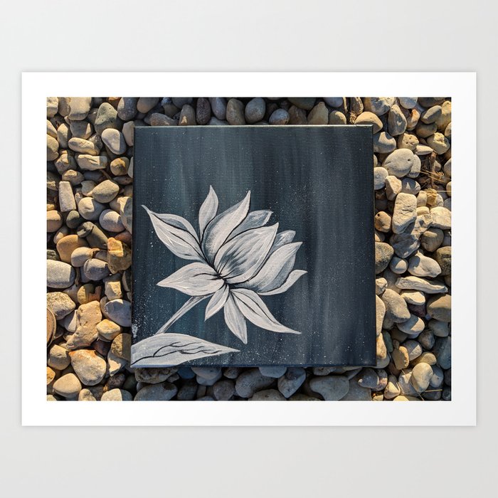 Black And White Lotus Painting On Rocks Art Print By Samisoutarart