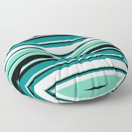 [ Thumbnail: Teal, White, Aquamarine & Black Colored Lined Pattern Floor Pillow ]