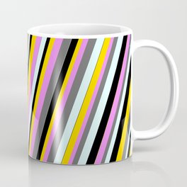 [ Thumbnail: Eye-catching Violet, Dim Grey, Light Cyan, Black & Yellow Colored Lined Pattern Coffee Mug ]