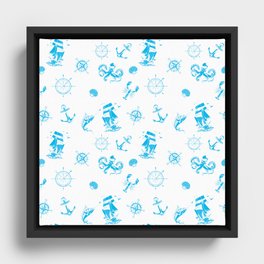 Turquoise Silhouettes Of Vintage Nautical Pattern Framed Canvas