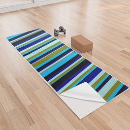 [ Thumbnail: Eyecatching Deep Sky Blue, Green, Turquoise, Dark Blue, and Black Colored Pattern of Stripes Yoga Towel ]