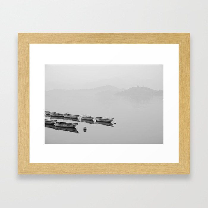 Small boat lake black white Framed Art Print