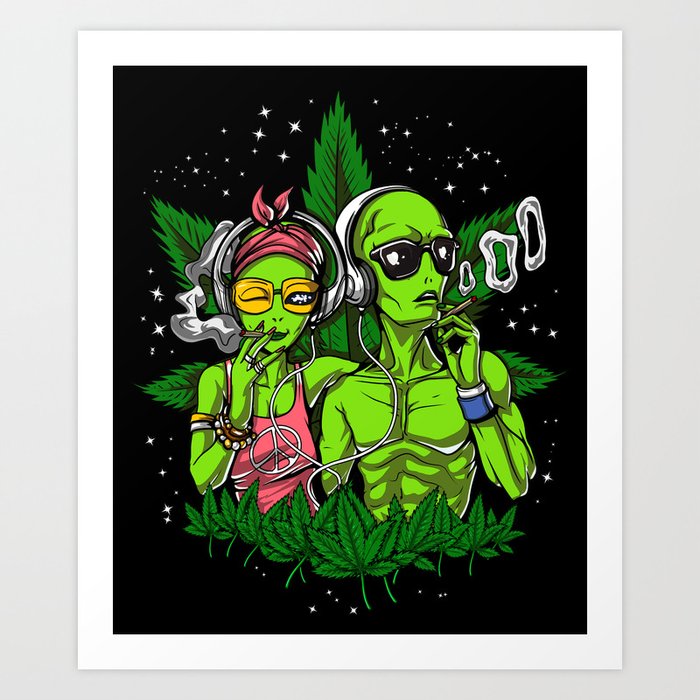 Aliens Hippies Smoking Weed Cannabis Art Print